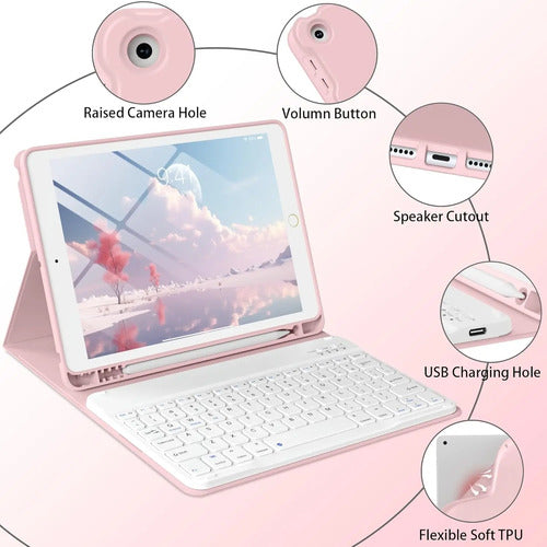 Funda Con Teclado Para iPad 9th/8th/7th Gen 10.2'' Rosa Rosa