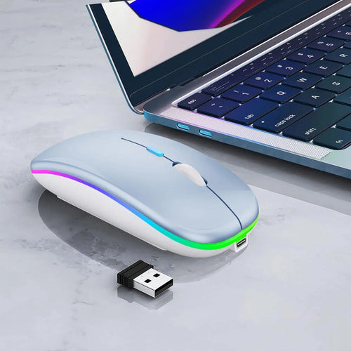 Mouse Inalámbrico Bluetooth Recargable Led Dual Mode Azul