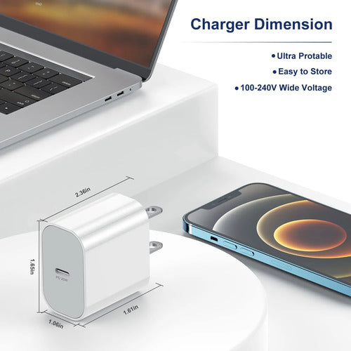 Cargador Rápido Para iPhone De 20 W. Cable Usb C A Lightning Blanco