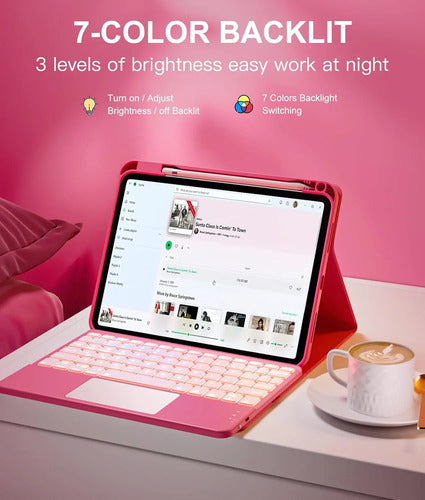 Funda Con Teclado Para iPad 11th/10th Gen, Retroiluminada Rosa