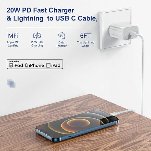 Cargador Rápido Para iPhone De 20 W. Cable Usb C A Lightning Blanco