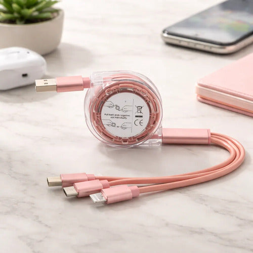 Cable Usb Retráctil 3 En 1 Para Cargador De iPhone Y Otros Rosa
